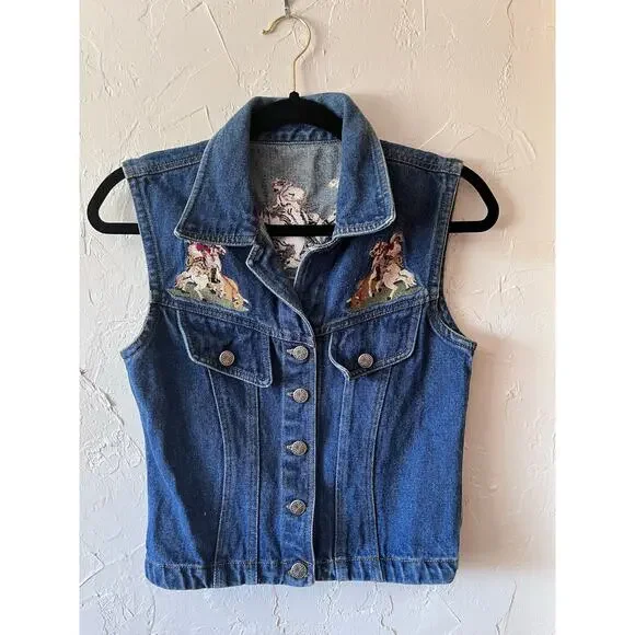 Vintage Denim Embroidered Horse Vest Sz S - Picture 1 of 6